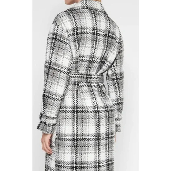 NEW EXPRESS BLACK WHITE GRAY PLAID BELTED WRAP FRONT COAT SIZE SMALL - Picture 4 of 10